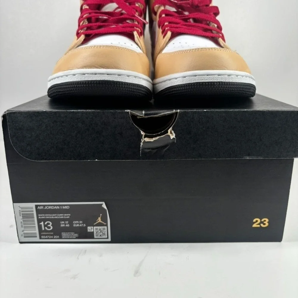 Nike Air Jordan 1 Mid Men's 13 White Onyx/Light Curry Basketball Shoe 554724-201